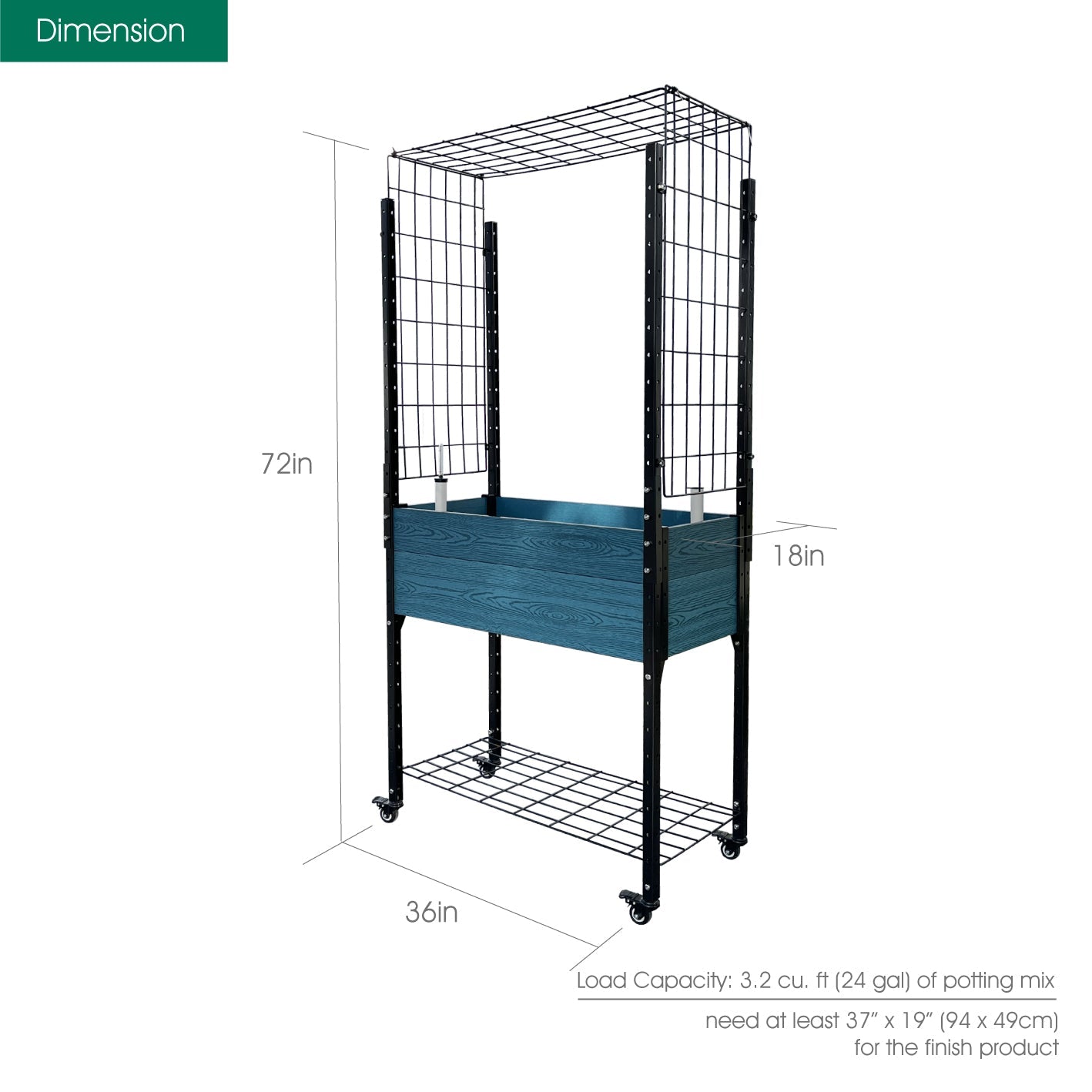 Self-watering Mobile Elevated Planter in Blue with Arch Trellis and UnderShelf