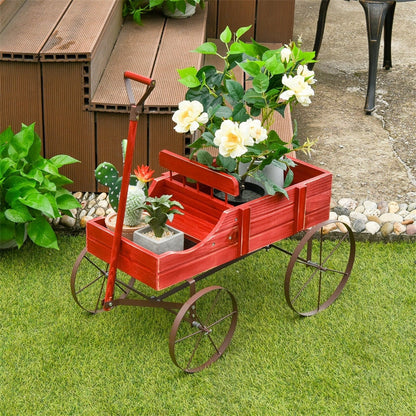 Wooden Garden Planter Wagon Cart with Metal Wheels for Backyard