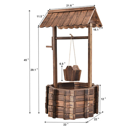 Rustic Outdoor Wooden Wishing Well Planter Garden Flower Plants Planter with Hanging Bucket