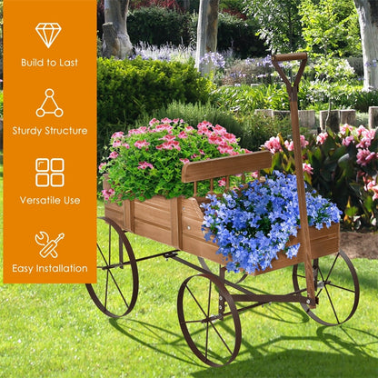 Wooden Garden Planter Wagon Cart with Metal Wheels for Backyard