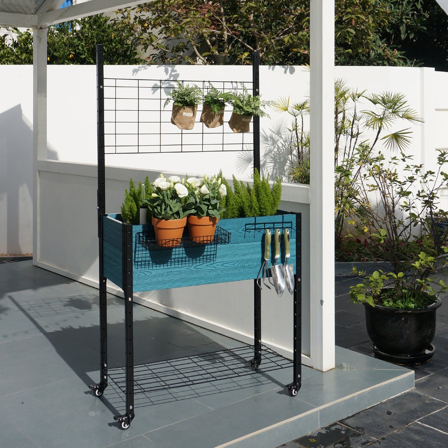 Self-watering Mobile Elevated Planter in Blue with Trellis and Basket & Hook Set