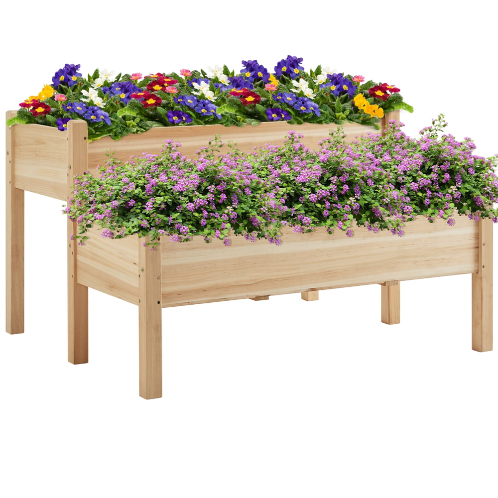 2-Tier Raised Garden Bed Elevated Wooden Planter Box, Wood