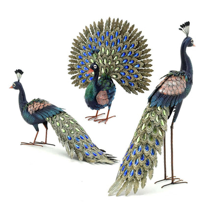 Set of 3 Elegant Iron Peacocks with Acrylic Jewel Detail