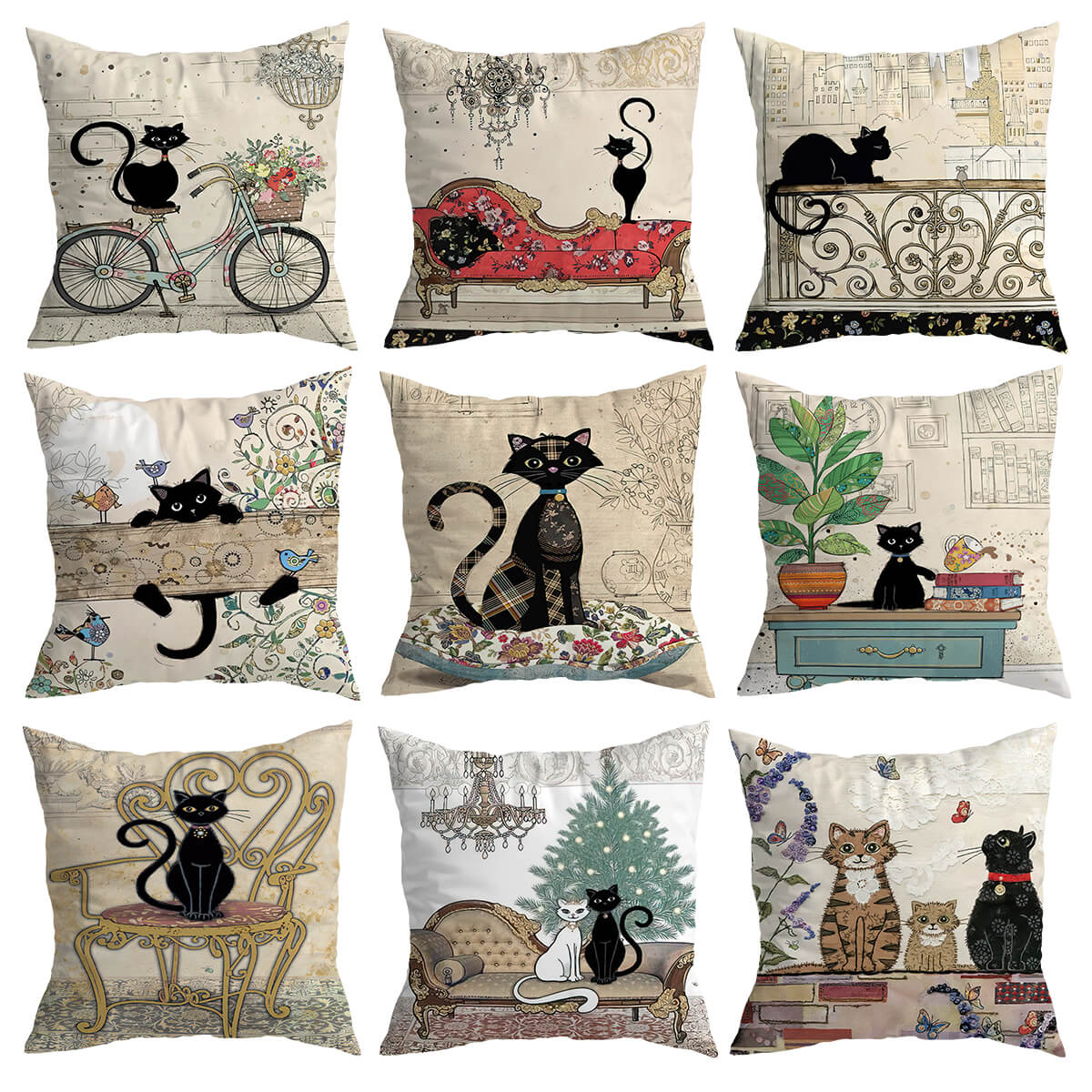 Vintage Black Cat Cushion Covers