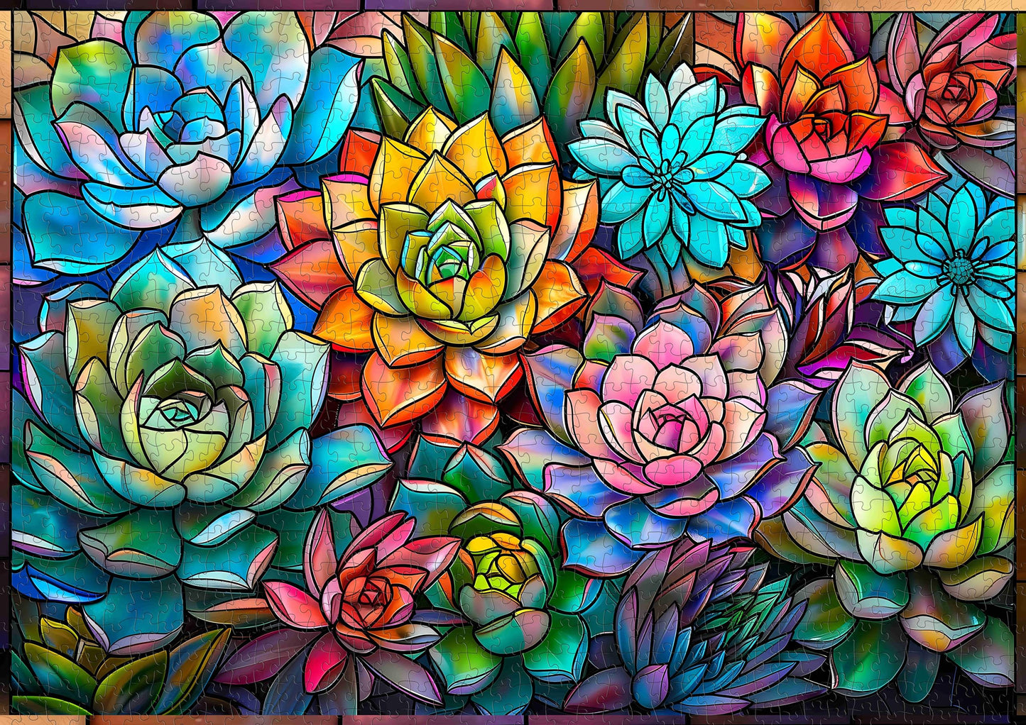 Stained Glass Colorful Succulents Jigsaw Puzzle 1000 Pieces