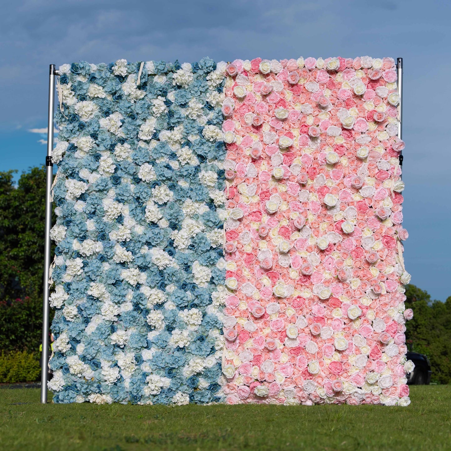 Baby Shower Flower Wall Backdrop - Blue & Pink Roll-Up Fabric Wall - Gender Reveal Party Decor - Celebration Floral Wall-VF-016