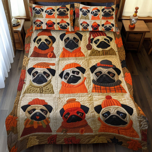 Juego de cama acolchado de 3 piezas con adorables perros carlinos NCU0VL093