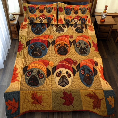 Juego de cama acolchado de 3 piezas con adorables perros carlinos NCU0VL096