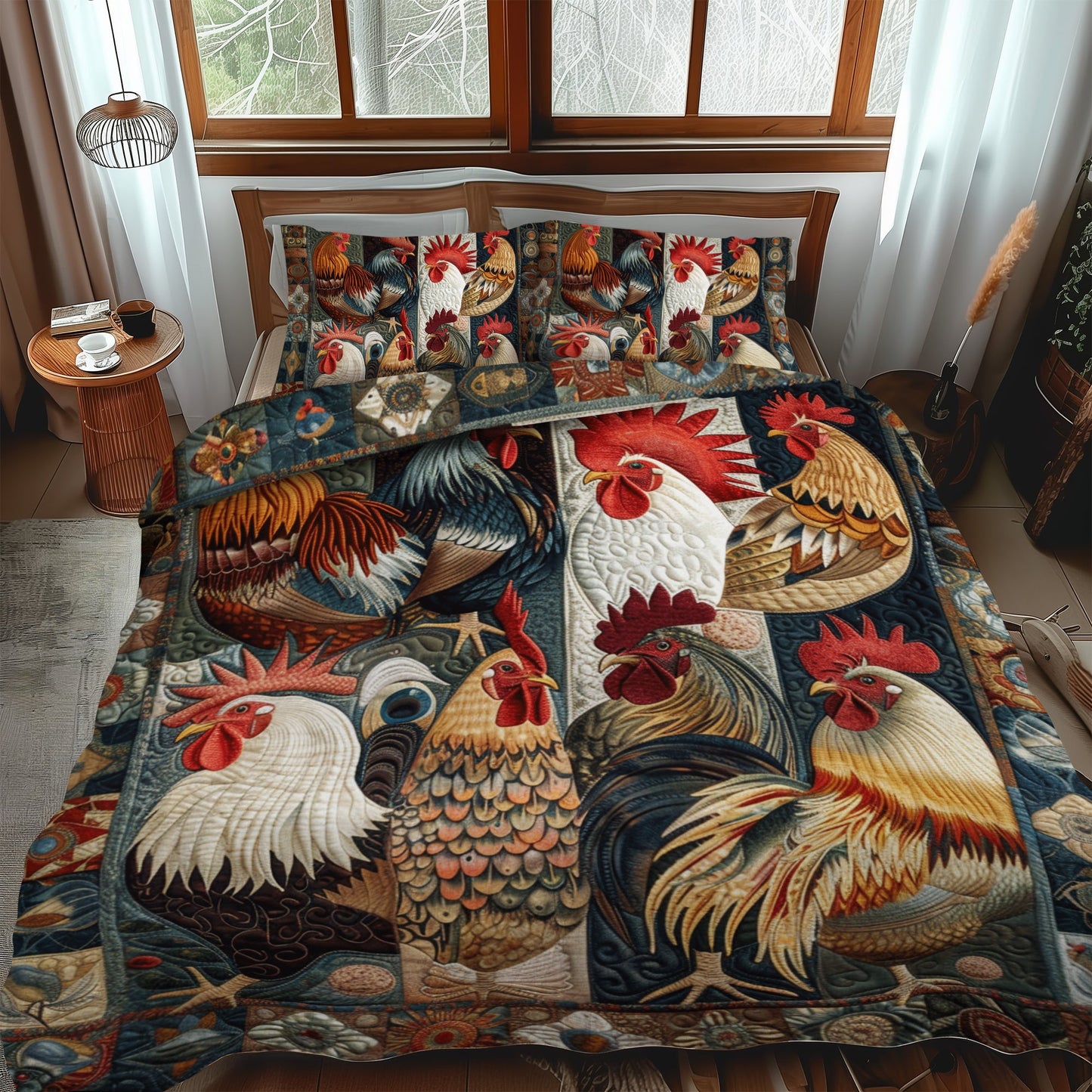 Juego de cama acolchado de 3 piezas con diseño de gallo antiguo NCU0TH893