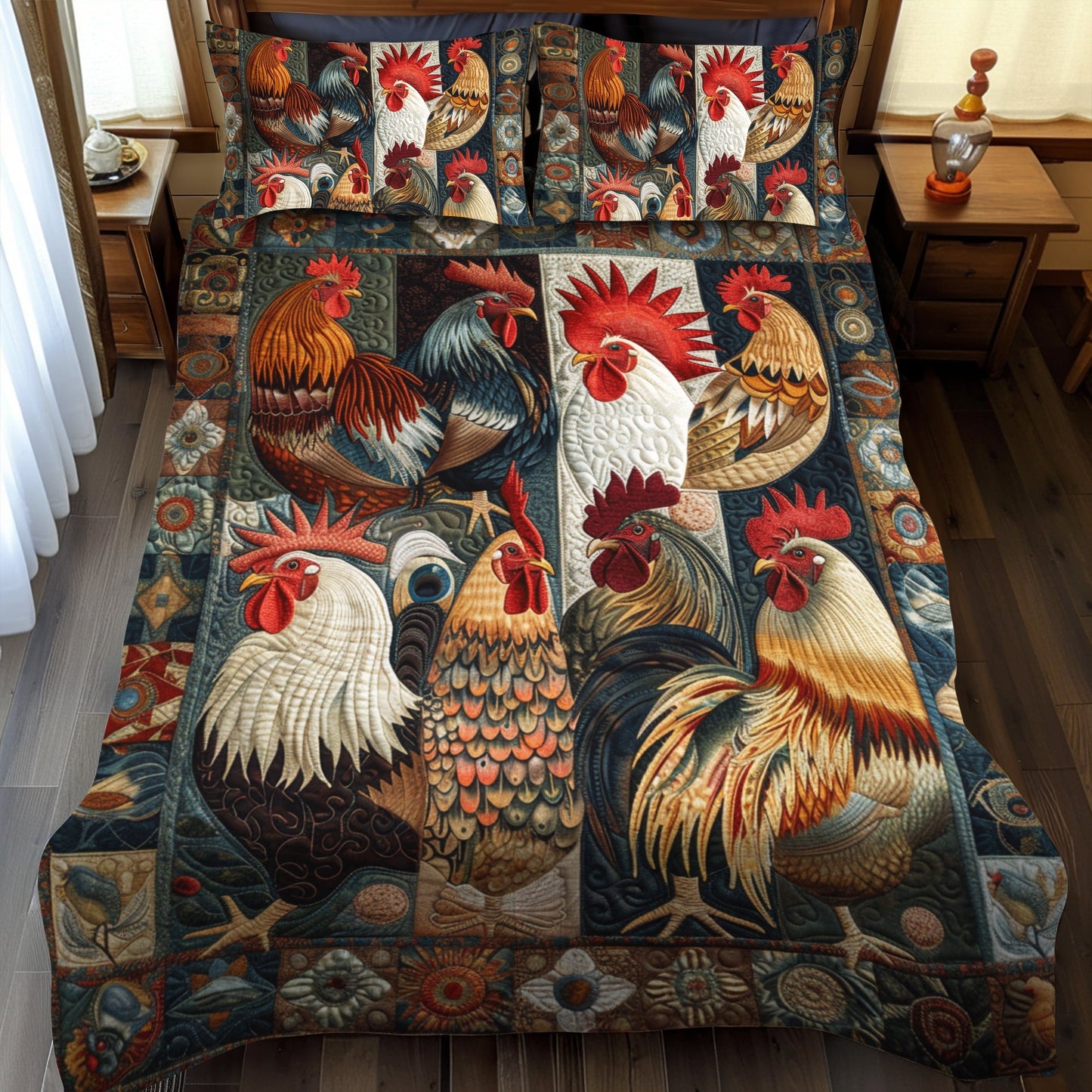 Juego de cama acolchado de 3 piezas con diseño de gallo antiguo NCU0TH893