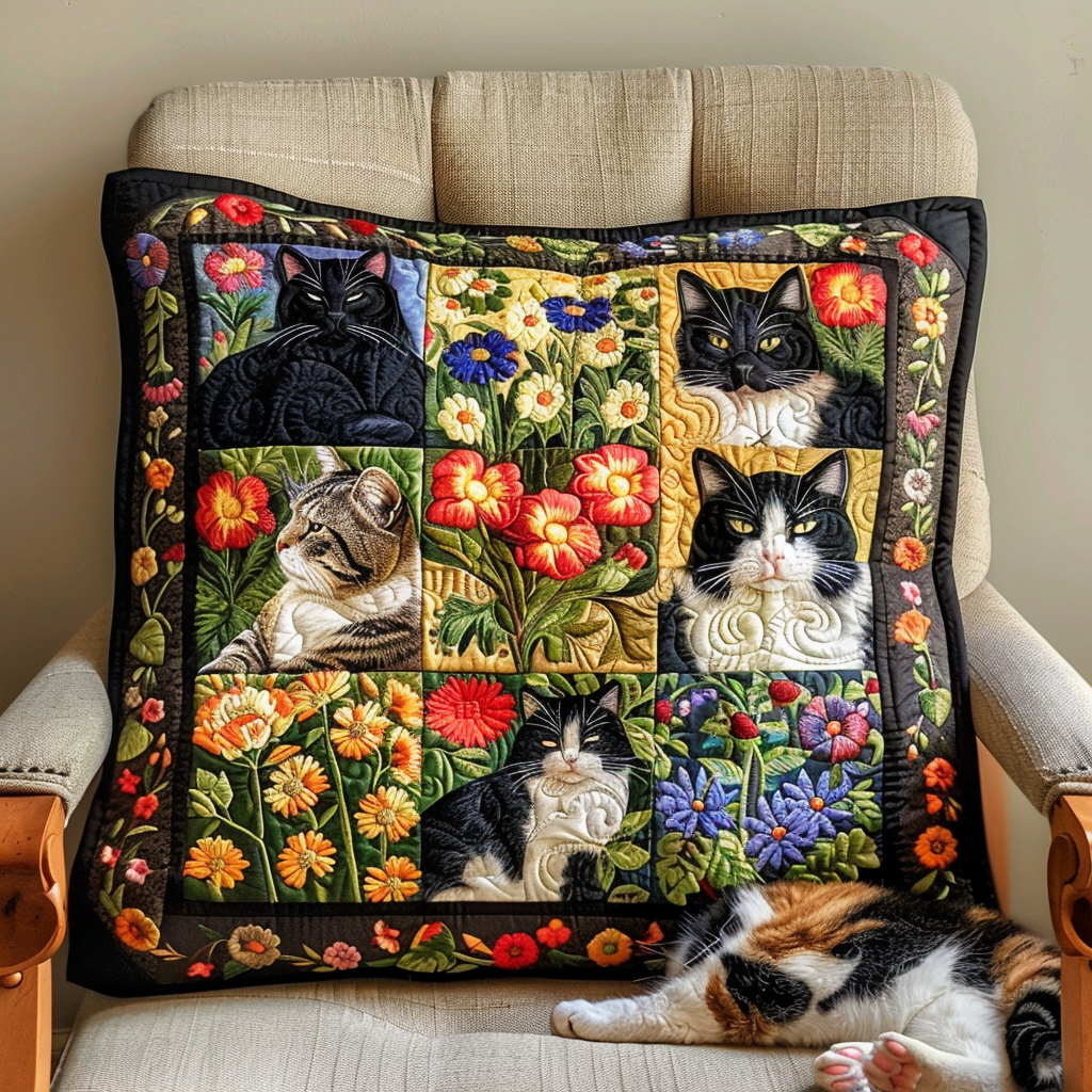 Funda de almohada acolchada con motivos artísticos de gatos NCU0PD355