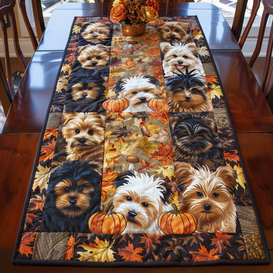 Autumn Leaves and Yorkies Quilted Table Runner NCU0TH214