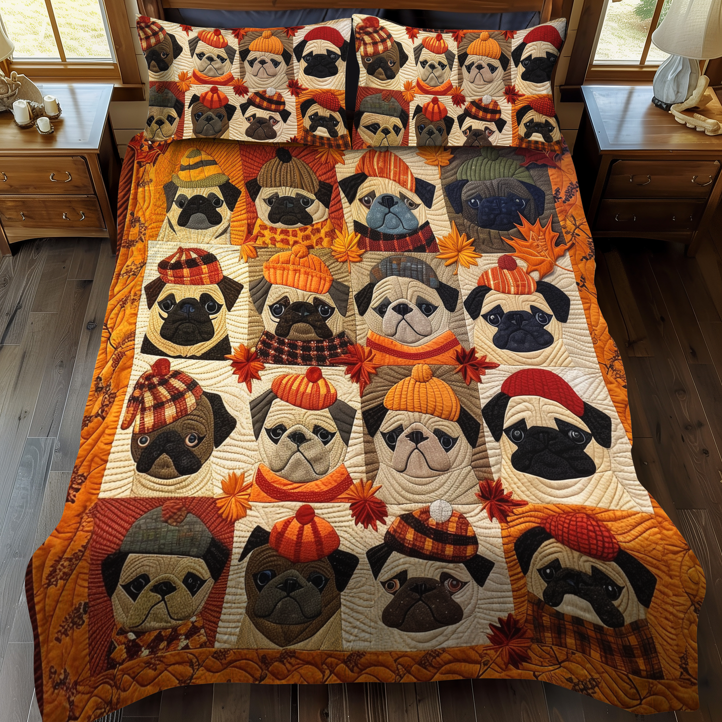 Autumn Vibe Pugs 3-Piece Quilted Bedding Set NCU0VL092