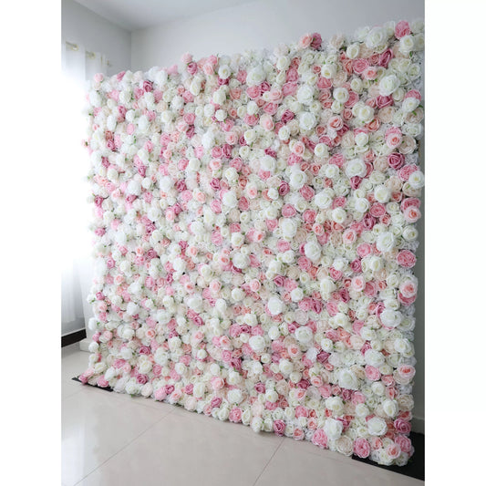 Roll Up Fabric Artificial Pink and White Flower Wall Wedding Backdrop, Floral Party Decor, Event Photography-VF-058