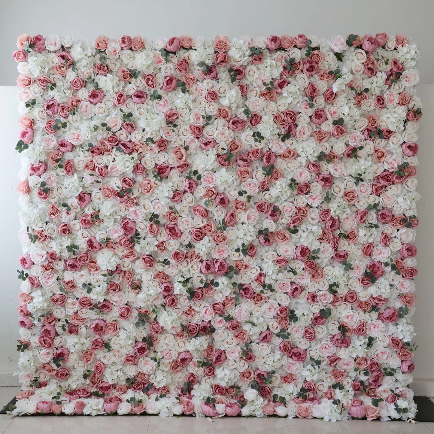 Flowers Artificial Floral Wall Backdrop: Roses in Reverie: A Pastel Palette of Pink and Pearl-VF-284