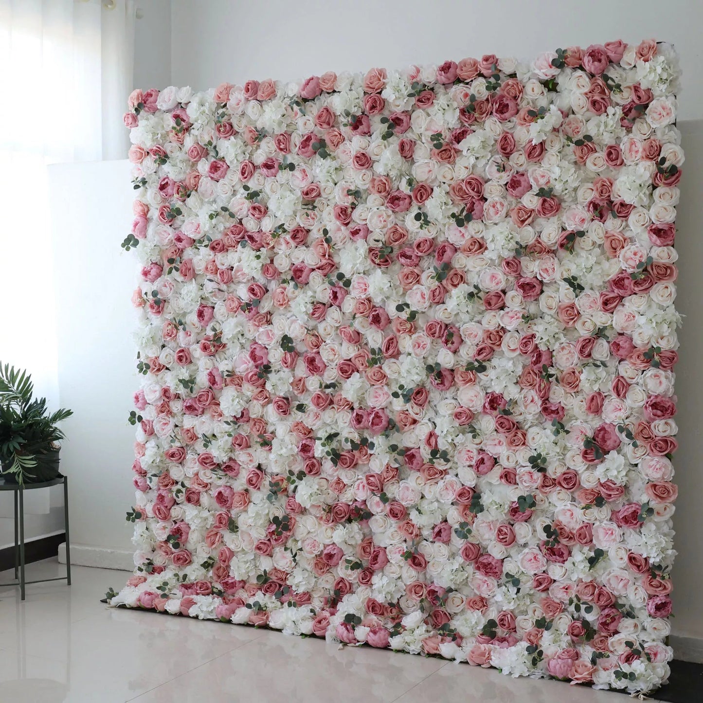 Flowers Artificial Floral Wall Backdrop: Roses in Reverie: A Pastel Palette of Pink and Pearl-VF-284