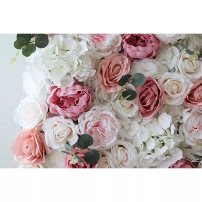 Flowers Artificial Floral Wall Backdrop: Roses in Reverie: A Pastel Palette of Pink and Pearl-VF-284