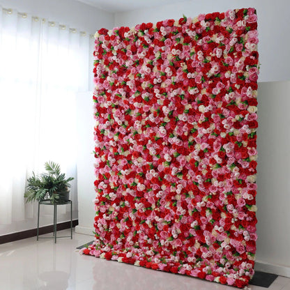 Flowers Artificial Floral Wall Backdrop: Passionate Blooms: A Symphony of Scarlet and Soft Pink-VF-285