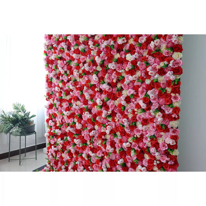 Flowers Artificial Floral Wall Backdrop: Passionate Blooms: A Symphony of Scarlet and Soft Pink-VF-285