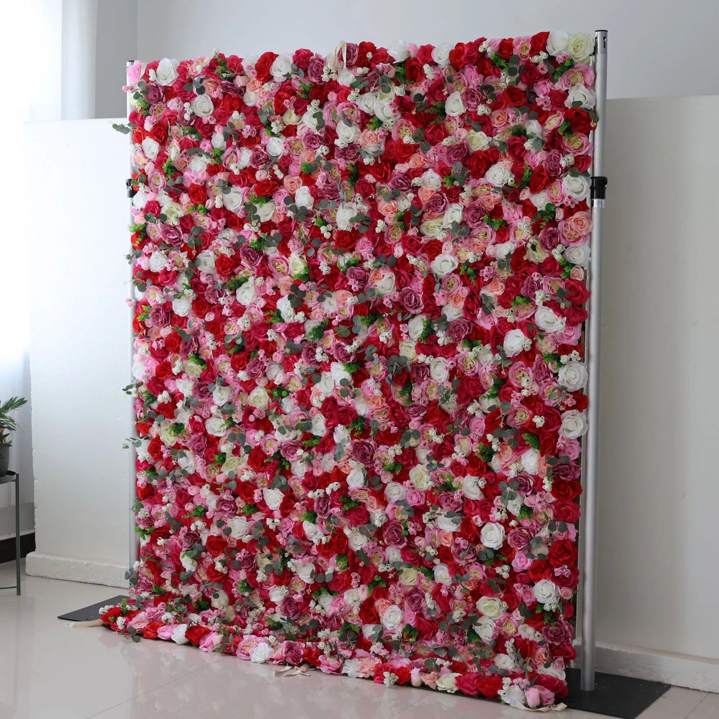 Roll Up Fabric Artificial Rosewood Red Roses And White Roses With Camo Green LeavesFlower Wall Wedding Backdrop, Floral Party Decor, Event Photography-VF-008