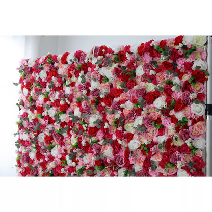 Roll Up Fabric Artificial Rosewood Red Roses And White Roses With Camo Green LeavesFlower Wall Wedding Backdrop, Floral Party Decor, Event Photography-VF-008