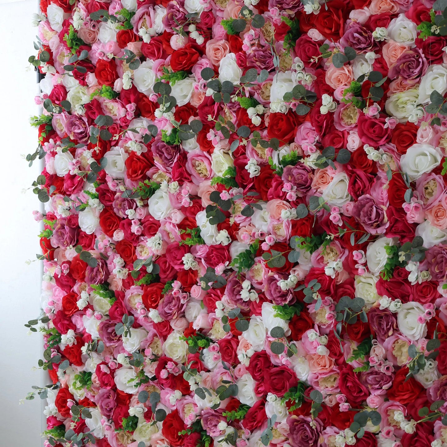 Roll Up Fabric Artificial Rosewood Red Roses And White Roses With Camo Green LeavesFlower Wall Wedding Backdrop, Floral Party Decor, Event Photography-VF-008