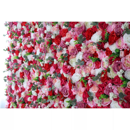 Roll Up Fabric Artificial Rosewood Red Roses And White Roses With Camo Green LeavesFlower Wall Wedding Backdrop, Floral Party Decor, Event Photography-VF-008