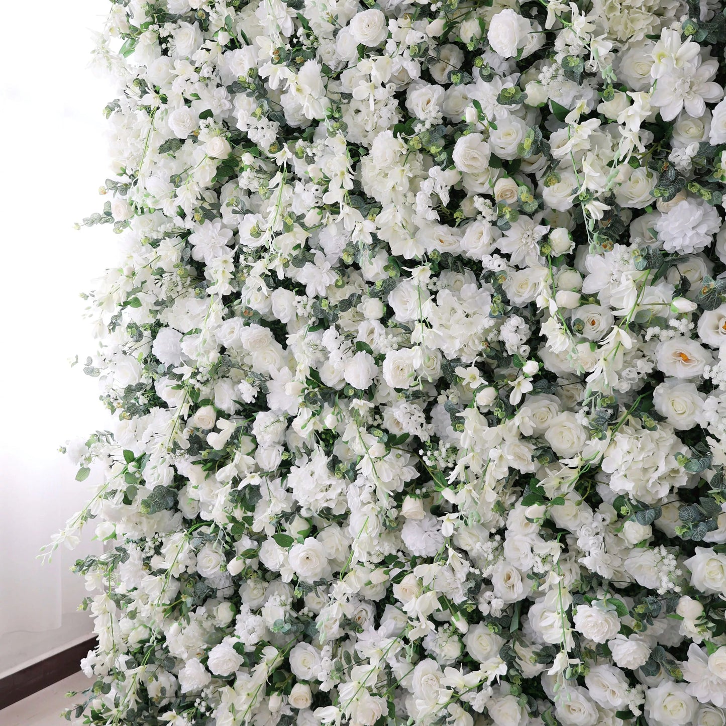 Ethereal White Floral Wall with Soft Green Accents: Perfect for Elegant Events & Celebrations-VF-201