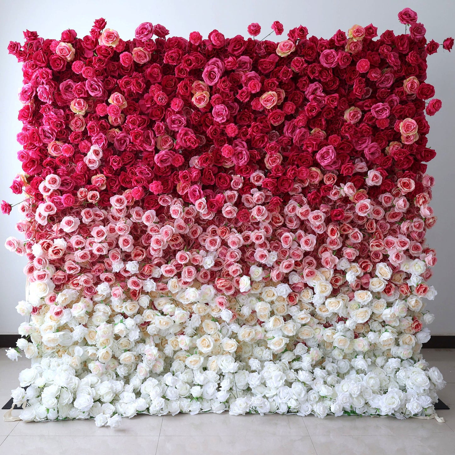 Roll Up Fabric Artificial Red to White Gradient Flower Wall Wedding Backdrop, Floral Party Decor, Event Photography-VF-372