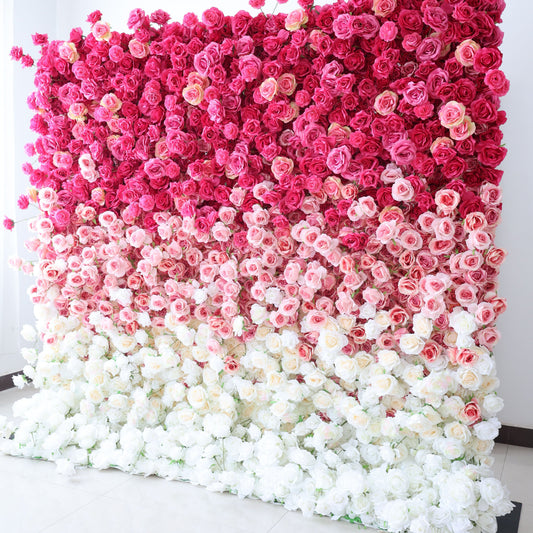 Roll Up Fabric Artificial Red to White Gradient Flower Wall Wedding Backdrop, Floral Party Decor, Event Photography-VF-372