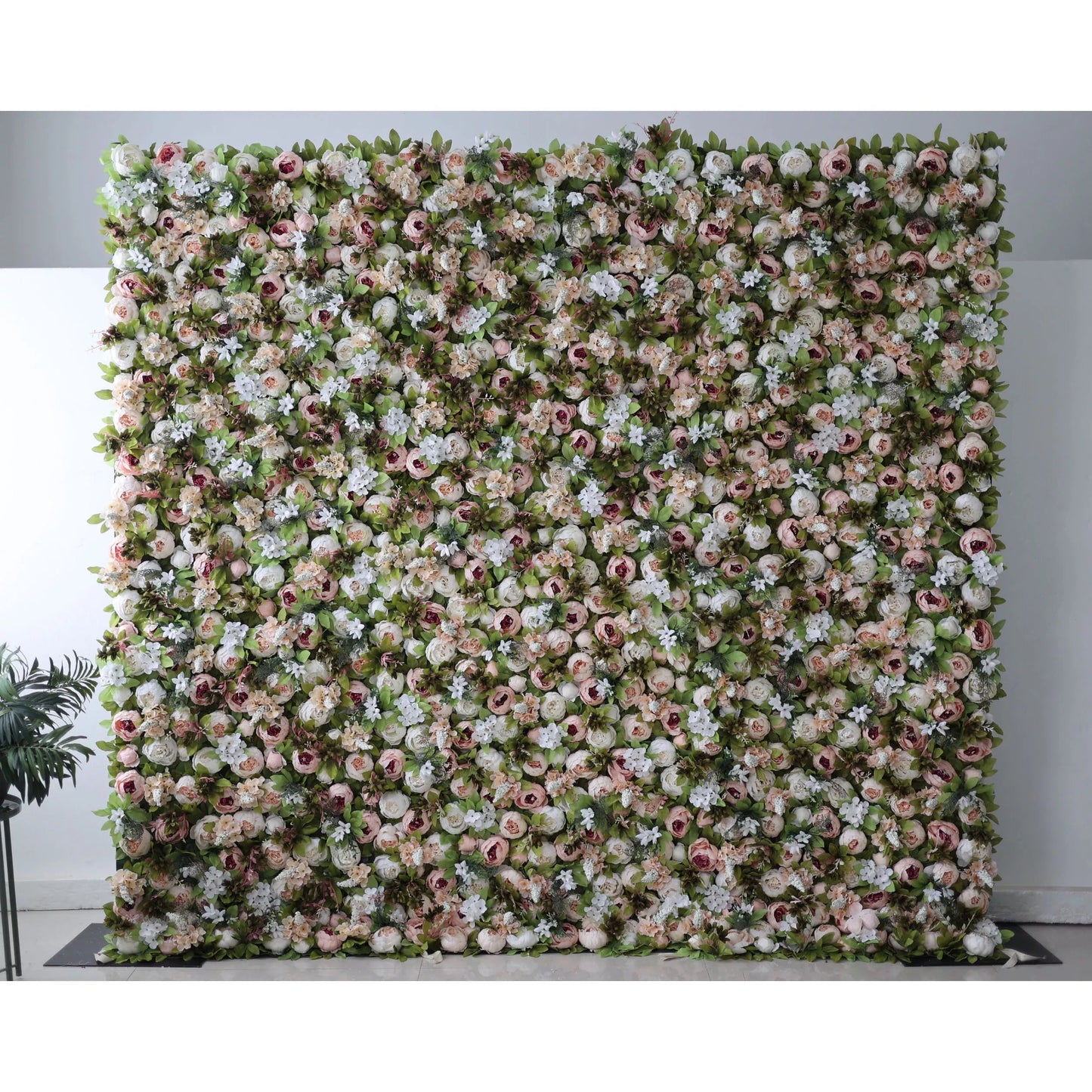 Roll Up Fabric Artificial Green Mix Orangy Red and White Flower Wall Wedding Backdrop, Floral Party Decor, Event Photography-VF-049-2