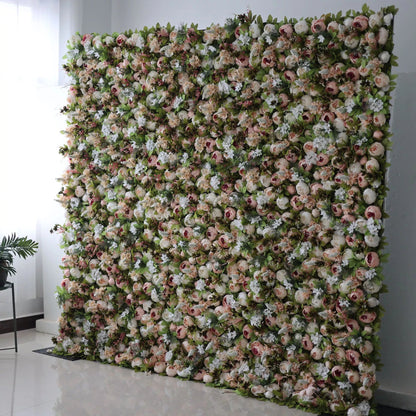 Roll Up Fabric Artificial Green Mix Orangy Red and White Flower Wall Wedding Backdrop, Floral Party Decor, Event Photography-VF-049-2