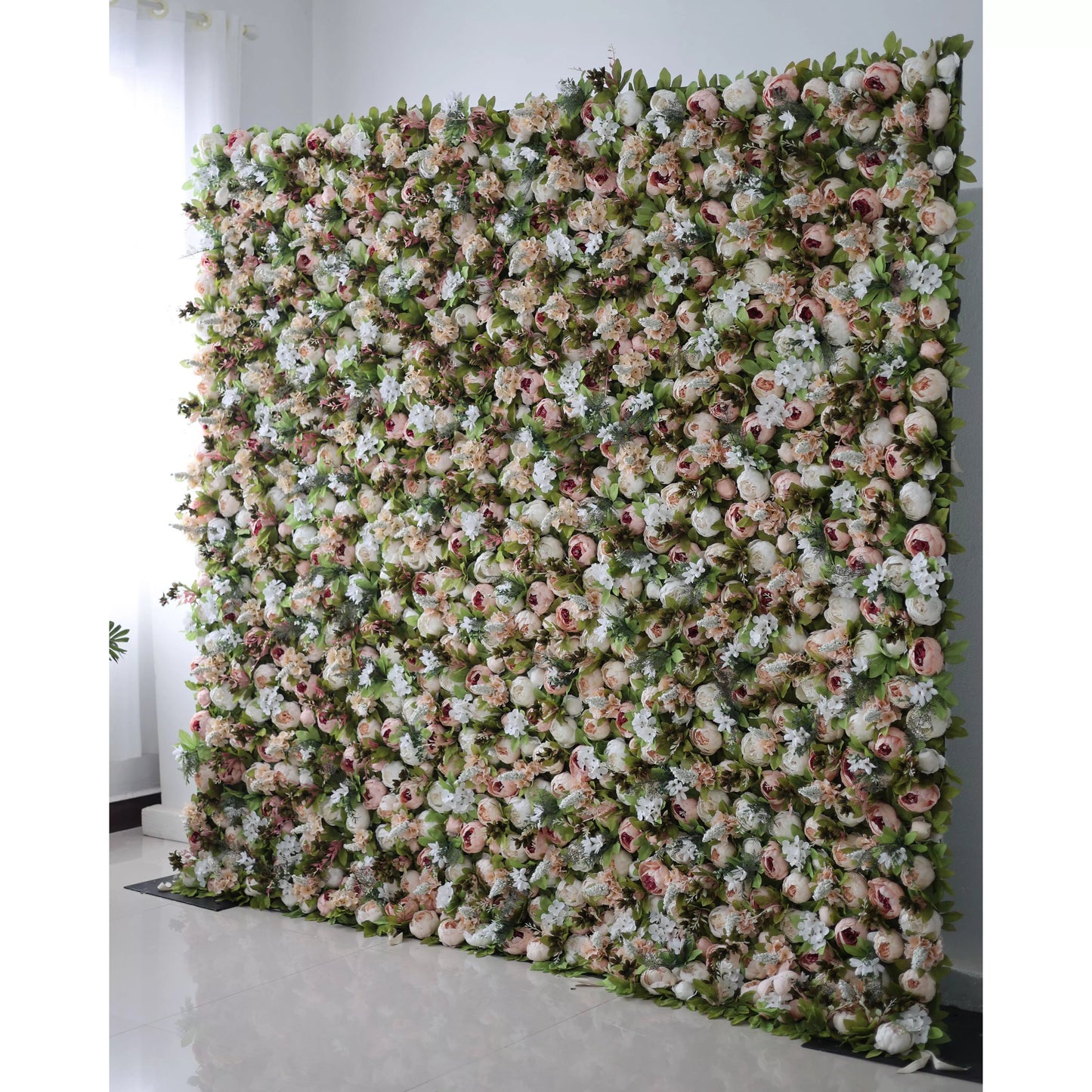 Roll Up Fabric Artificial Green Mix Orangy Red and White Flower Wall Wedding Backdrop, Floral Party Decor, Event Photography-VF-049-2