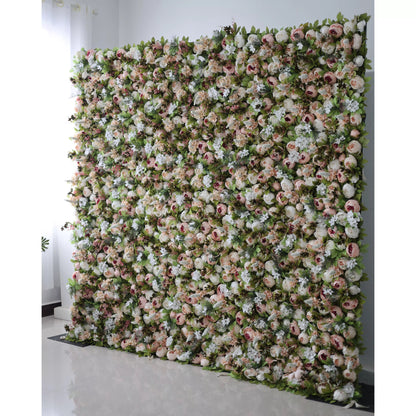 Roll Up Fabric Artificial Green Mix Orangy Red and White Flower Wall Wedding Backdrop, Floral Party Decor, Event Photography-VF-049-2