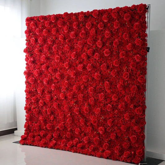 Roll Up Fabric Artificial Lipstick Red Flower Wall Wedding Backdrop, Floral Party Decor, Event Photography-VF-059