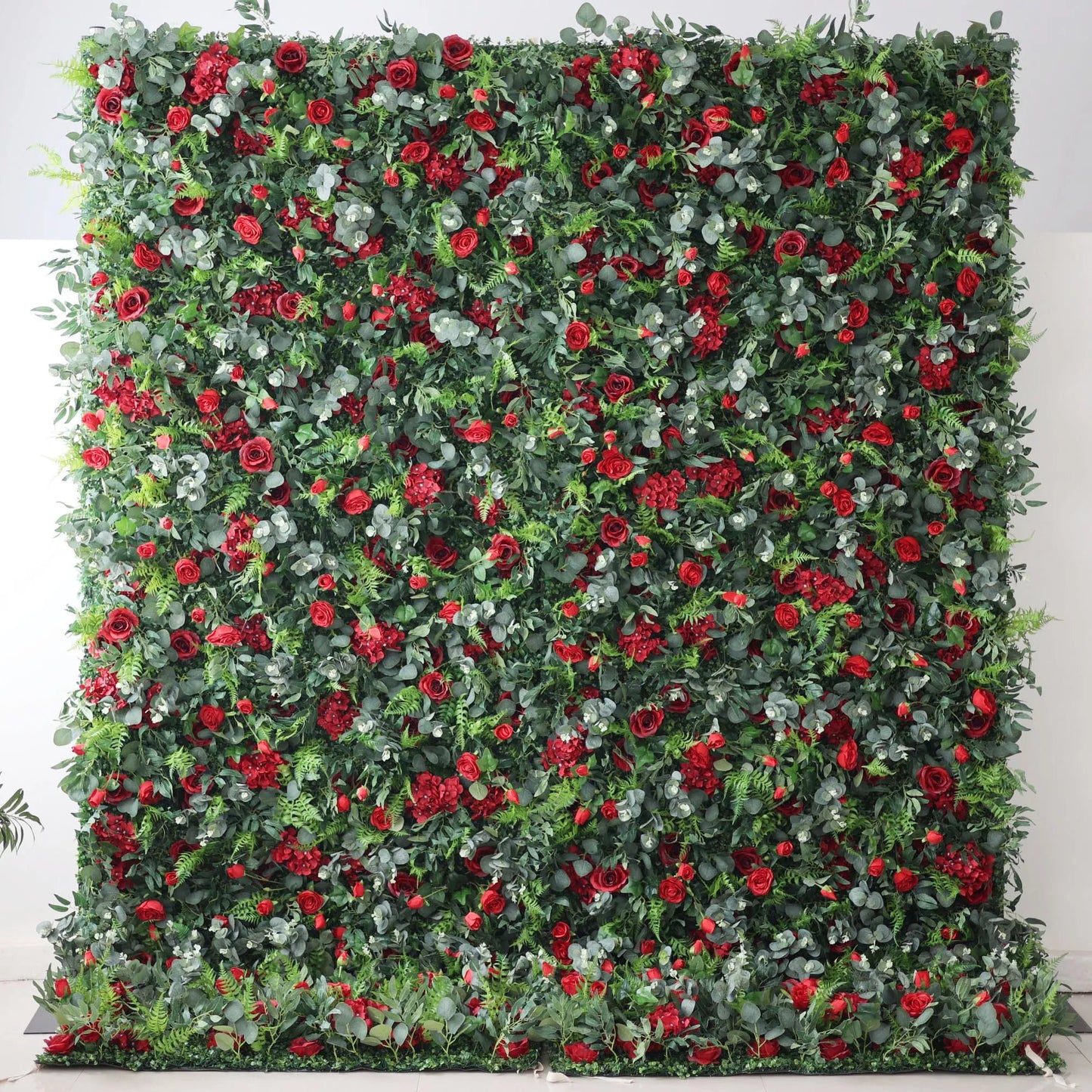 Vibrant Verdure & Red Rose Cascade: A Lush Botanical Wall Celebrating Passion, Love, and Fresh Foliage - Perfect for Elevated Event Experiences-VF-205