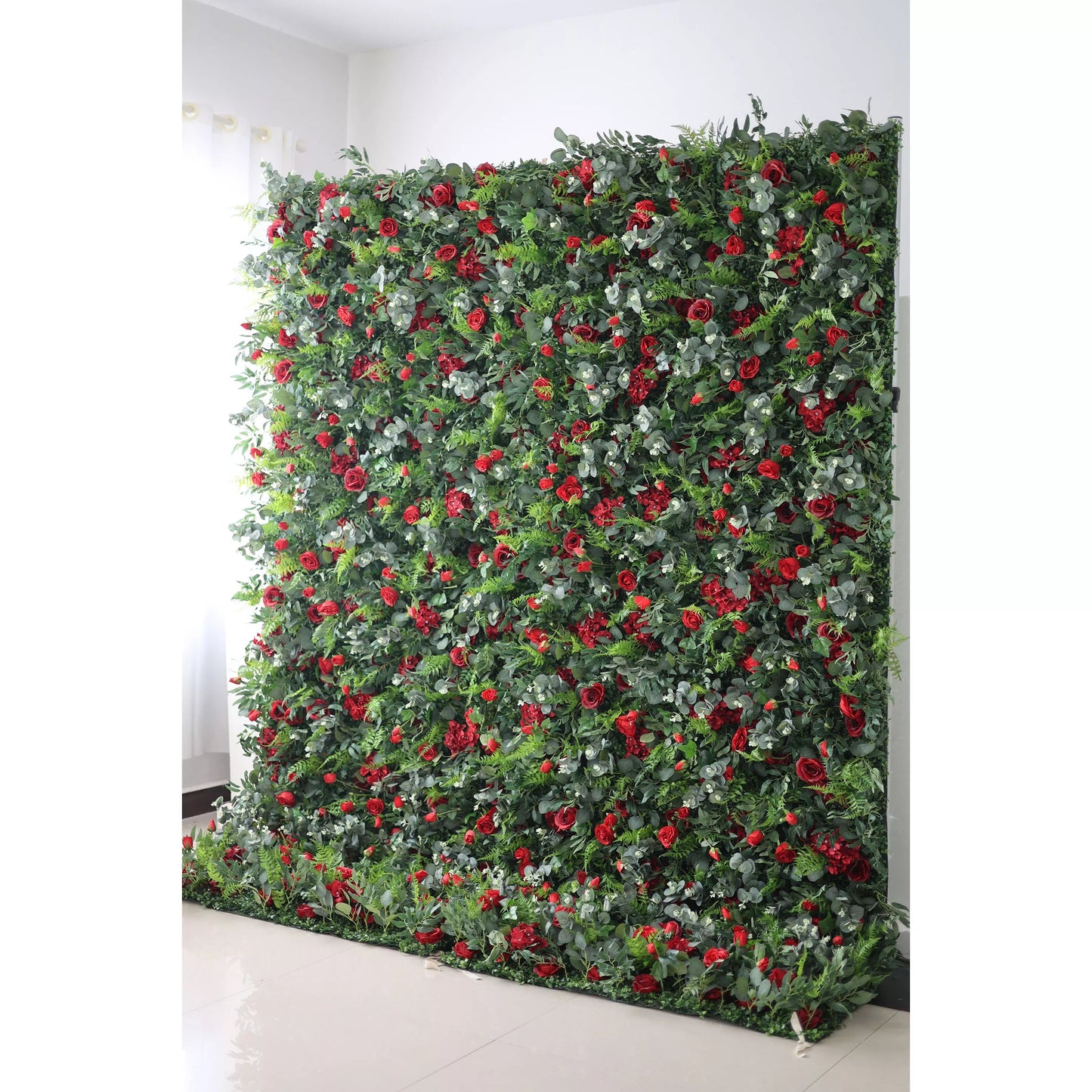 Vibrant Verdure & Red Rose Cascade: A Lush Botanical Wall Celebrating Passion, Love, and Fresh Foliage - Perfect for Elevated Event Experiences-VF-205