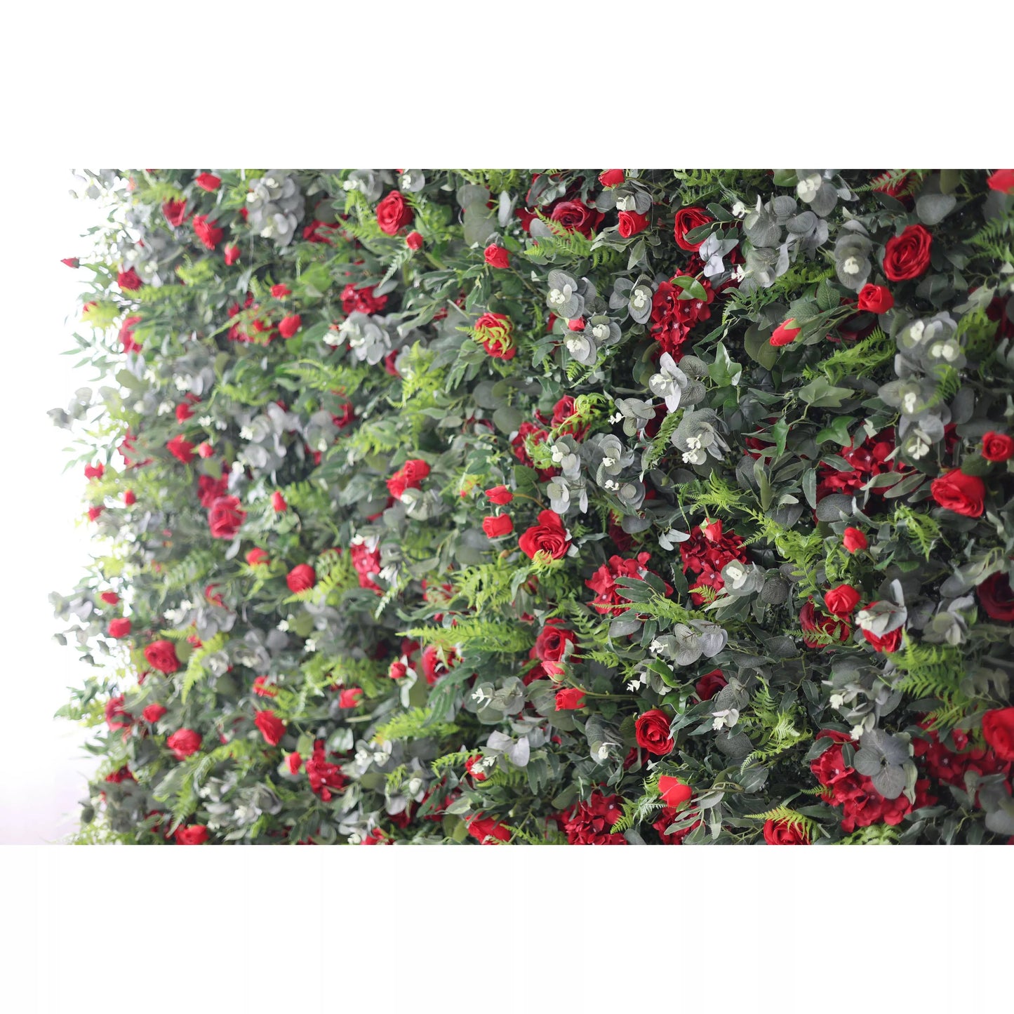 Vibrant Verdure & Red Rose Cascade: A Lush Botanical Wall Celebrating Passion, Love, and Fresh Foliage - Perfect for Elevated Event Experiences-VF-205