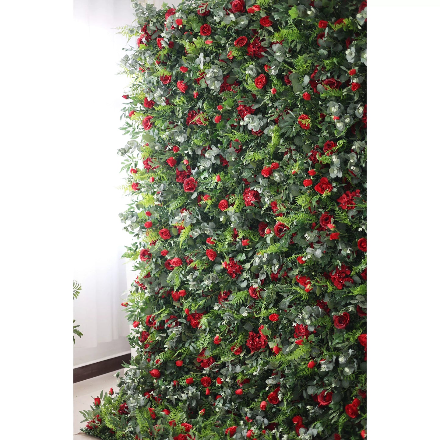 Vibrant Verdure & Red Rose Cascade: A Lush Botanical Wall Celebrating Passion, Love, and Fresh Foliage - Perfect for Elevated Event Experiences-VF-205