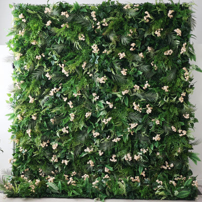 Verdant Green Oasis Wall with Soft Peach Blossoms: An Enchanting Mélange of Dense Foliage & Delicate Flowers - Nature's Best for Events-VF-203-2