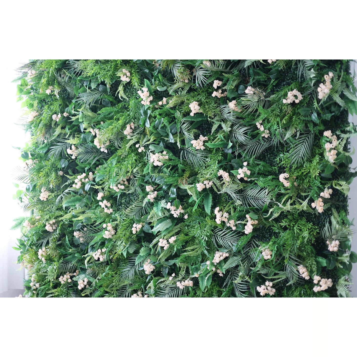 Verdant Green Oasis Wall with Soft Peach Blossoms: An Enchanting Mélange of Dense Foliage & Delicate Flowers - Nature's Best for Events-VF-203-2