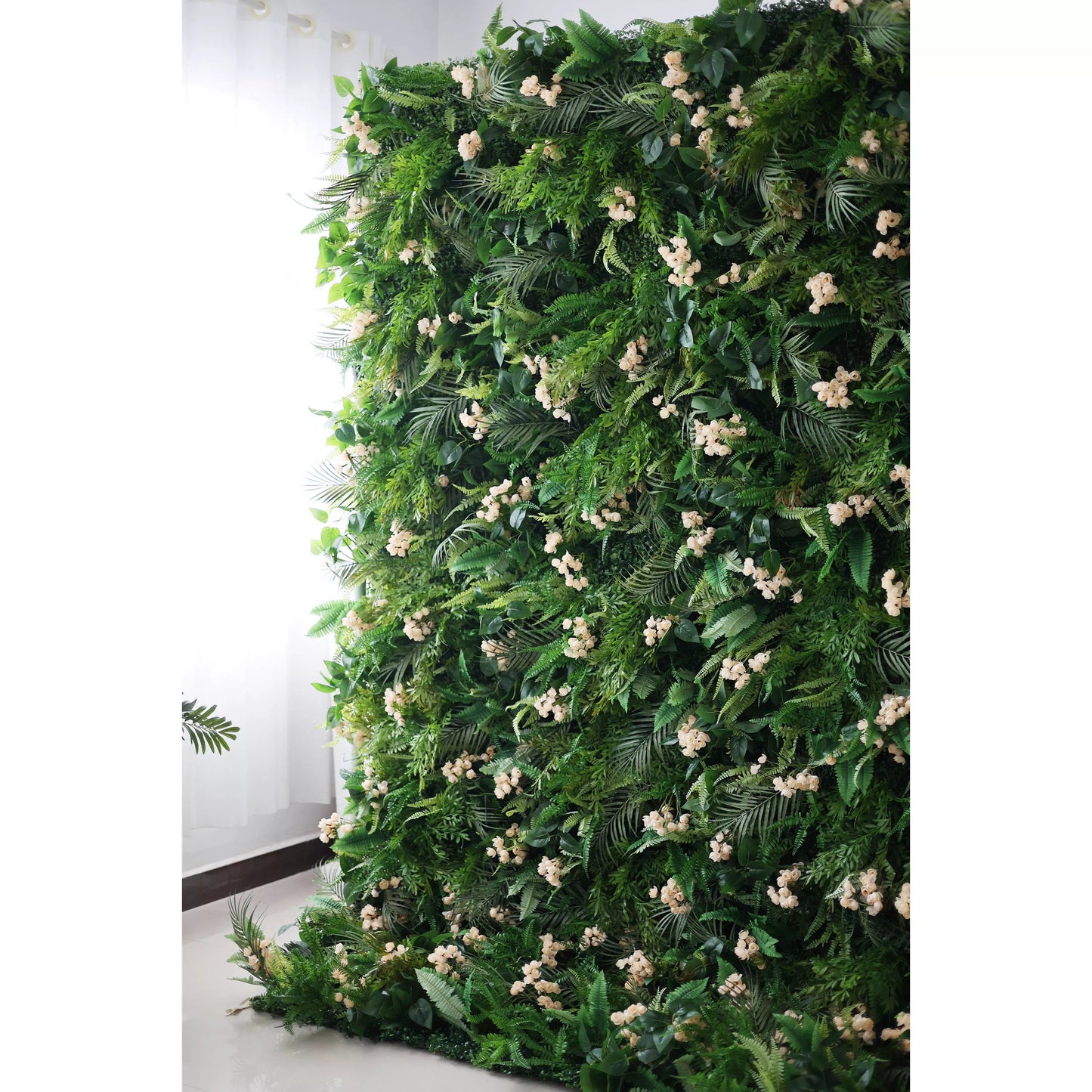 Verdant Green Oasis Wall with Soft Peach Blossoms: An Enchanting Mélange of Dense Foliage & Delicate Flowers - Nature's Best for Events-VF-203-2