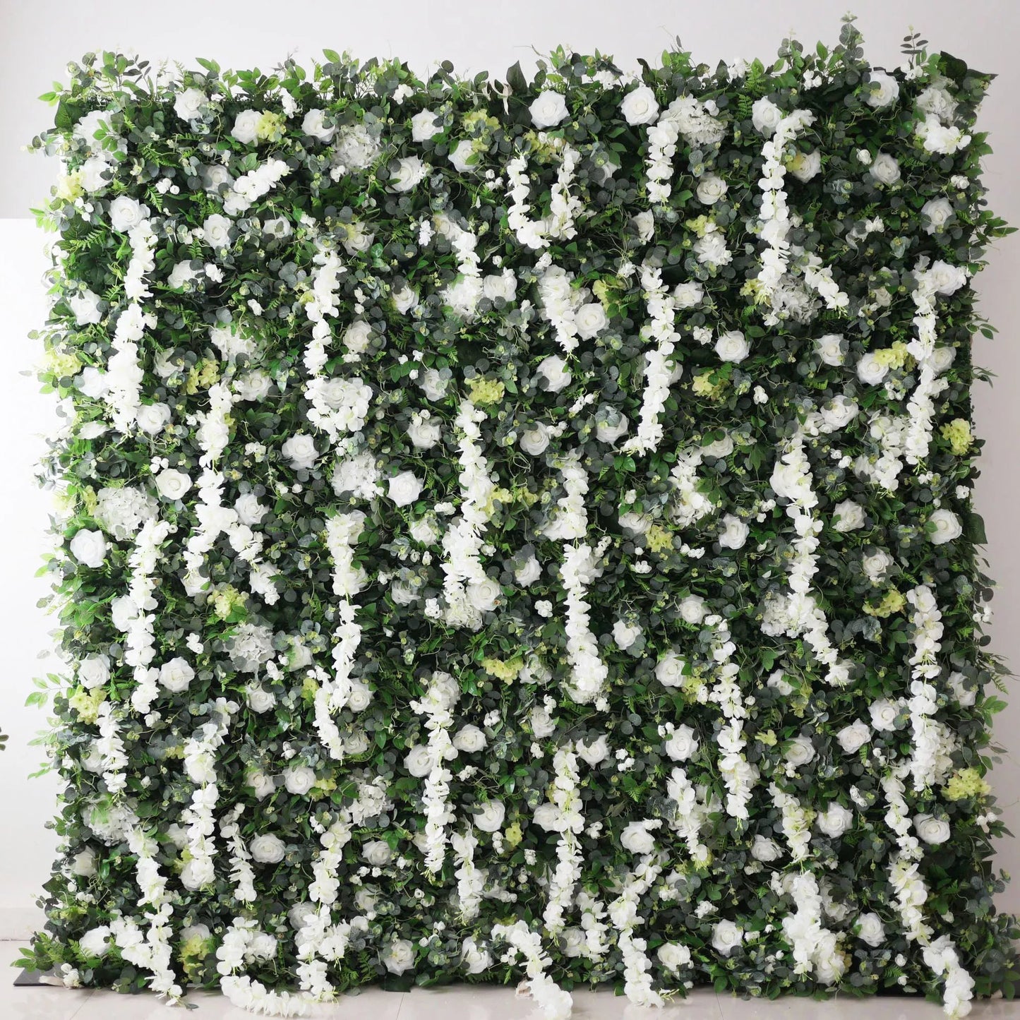 Roll Up Fabric Artificial White Flower and Vivid Green Leaves Floral Wall Wedding Backdrop, Floral Party Decor, Event Photography-VF-071