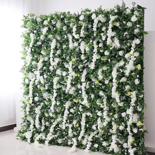 Roll Up Fabric Artificial White Flower and Vivid Green Leaves Floral Wall Wedding Backdrop, Floral Party Decor, Event Photography-VF-071