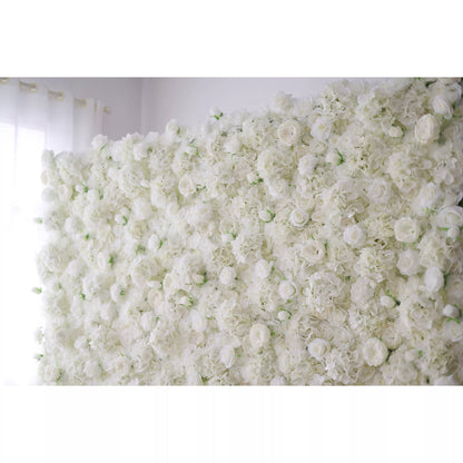 Unveils: Ethereal White Elegance – A Majestic Artificial Fabric Flower Wall Dripping with Pure White Blossoms-VF-210