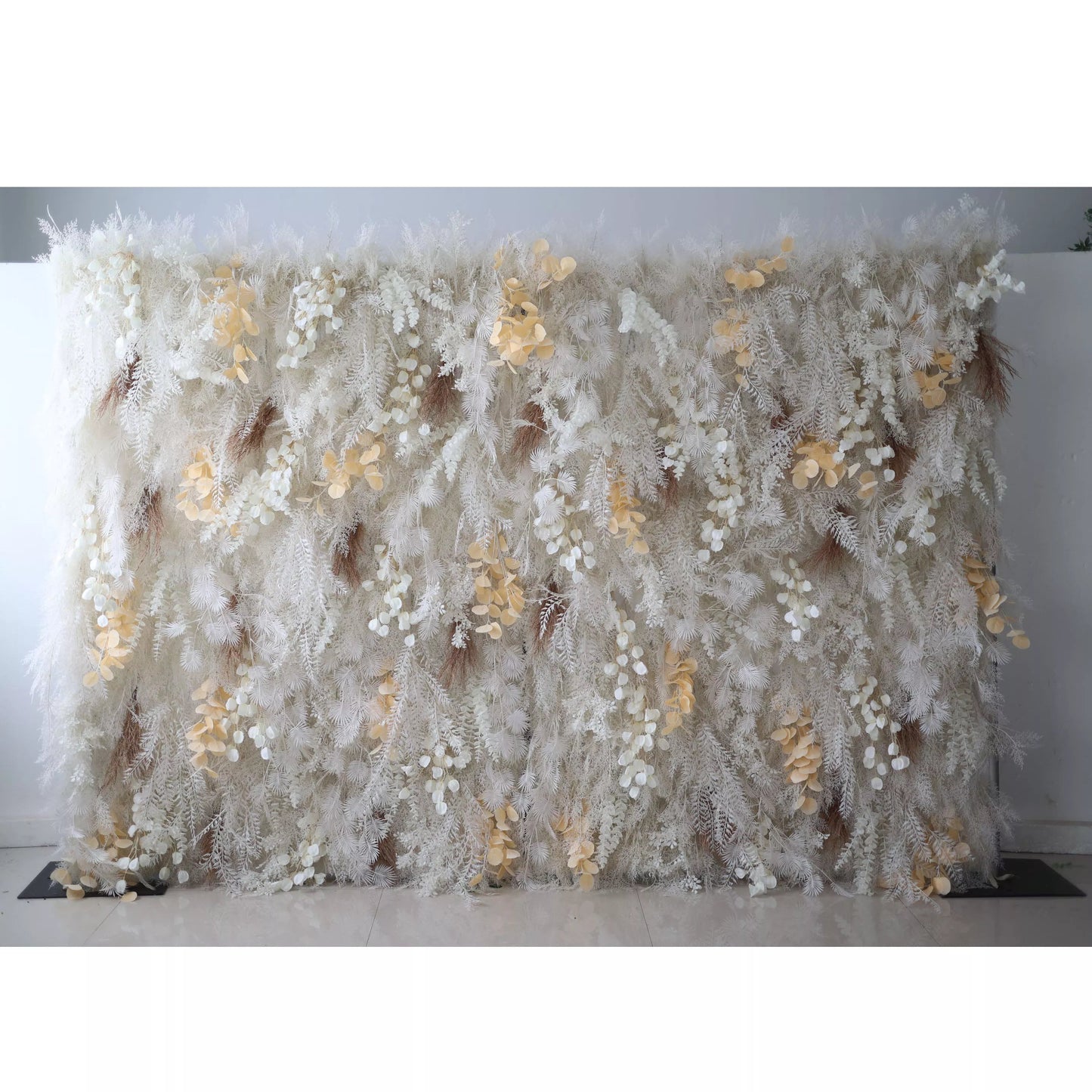 Unveils: The Enchanted Snowscape – A Majestic Artificial Fabric Flower Wall of Wintry Whites and Golden Blooms-VF-208