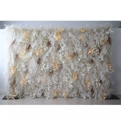 Unveils: The Enchanted Snowscape – A Majestic Artificial Fabric Flower Wall of Wintry Whites and Golden Blooms-VF-208