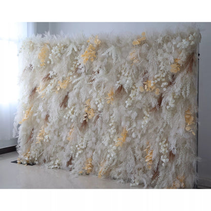 Unveils: The Enchanted Snowscape – A Majestic Artificial Fabric Flower Wall of Wintry Whites and Golden Blooms-VF-208