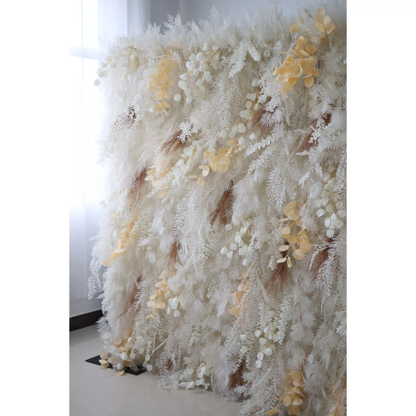 Unveils: The Enchanted Snowscape – A Majestic Artificial Fabric Flower Wall of Wintry Whites and Golden Blooms-VF-208