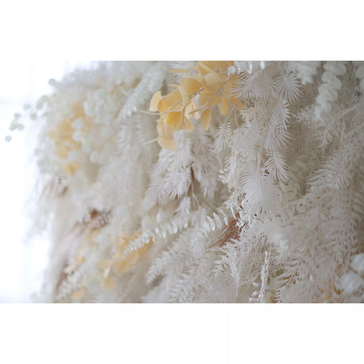 Unveils: The Enchanted Snowscape – A Majestic Artificial Fabric Flower Wall of Wintry Whites and Golden Blooms-VF-208